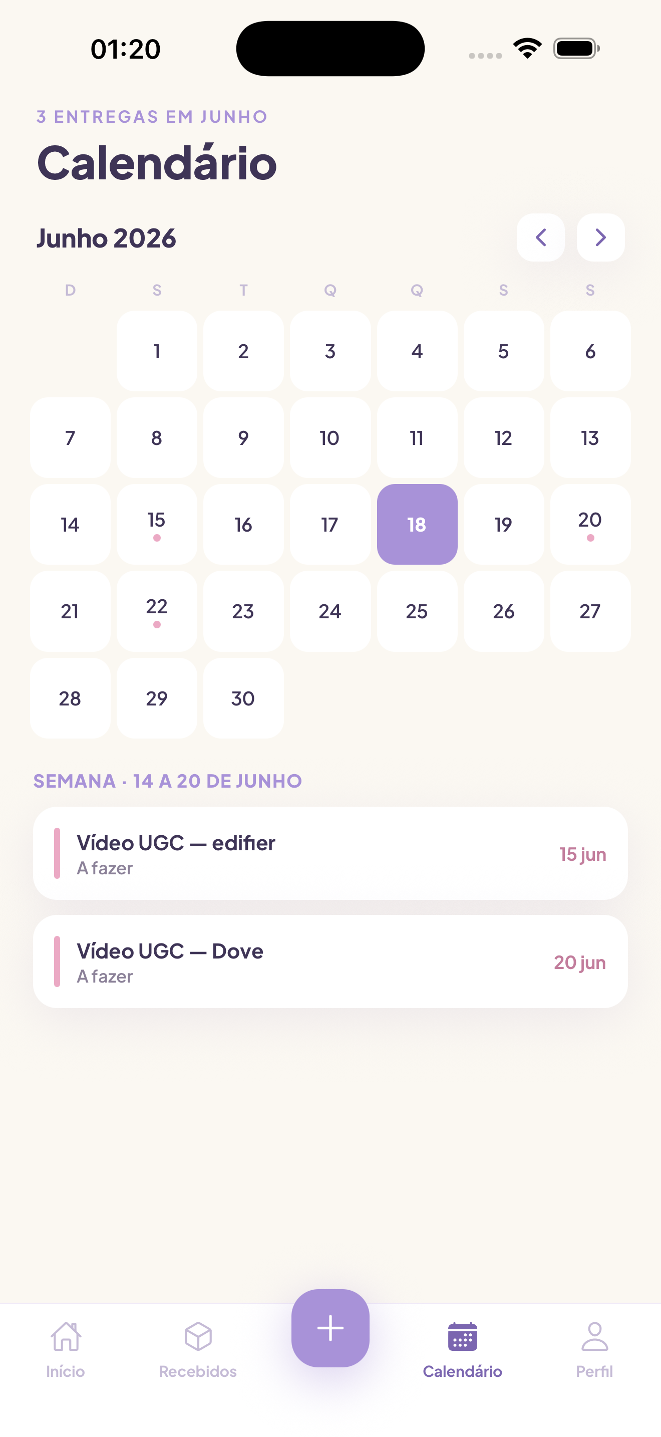 Calendário de entregas